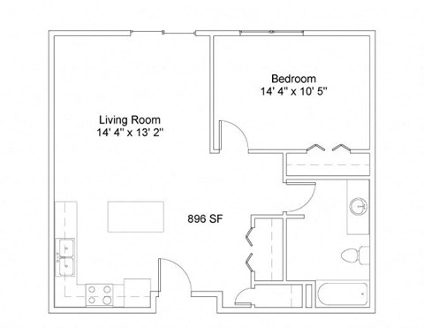 Floor plan for 1 bed, 1 bath, 896 sqft